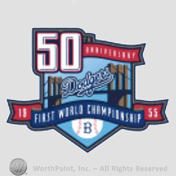 Los Angeles Dodgers sport logo: 50th anniversary written above Dodgers 1955 First World Championship; a bridge and a baseball on the background.