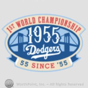 Los Angeles Dodgers sport logo: 1st World Championship written above 1955 Dodgers; a bridge on the background.
