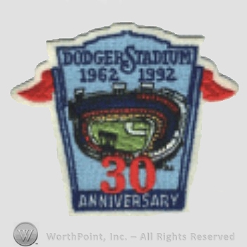 Los Angeles Dodgers sport logo: Dodger Stadium 1962 1992 above 30th anniversary.