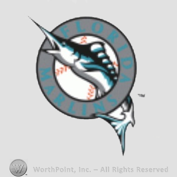 Miami Marlins sport logo: a marlin going through silver circle; Florida Marlins written on the circle.