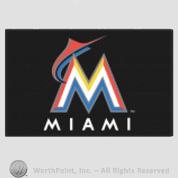 Miami Marlins sport logo: a marlin leaping over letter M; all above Miami on a black backgraund.