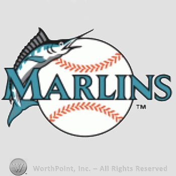 Miami Marlins sport logo: a marlin leaping over word Marlins and a baseball.
