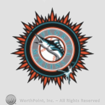 Miami Marlins sport logo: a marlin going through silver circle; Florida Marlins written on the circle, all rounded by a sunburst.
