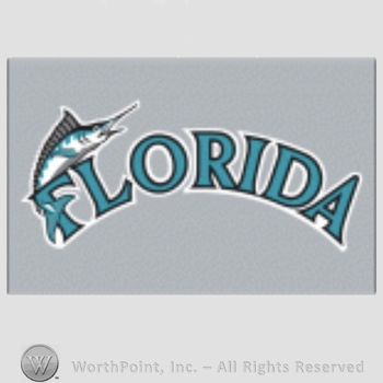 Miami Marlins sport logo: a marlin leaping word Florida on a grey background.