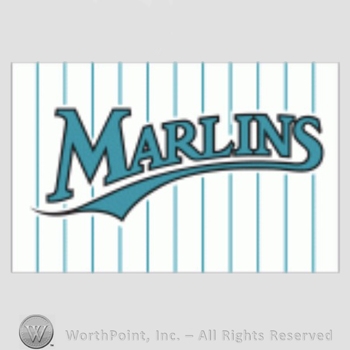 Miami Marlins sport logo: Marlins on a white and turquoise strips background.