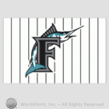 Miami Marlins sport logo: a marlin leaping over letter F on a white and black stripes background.