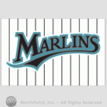 Miami Marlins sport logo: Marlins on a white and black stripes background.