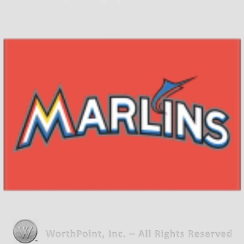 Miami Marlins sport logo: a marlin leaping over word Miami on a red background.