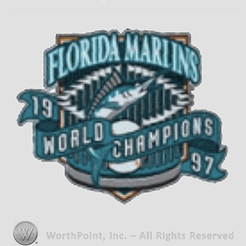 Miami Marlins sport logo: Florida Marlins written above a marlin and words World Champions.