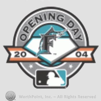 Miami Marlins sport logo: Opening Day above a merlin leaping letter F.