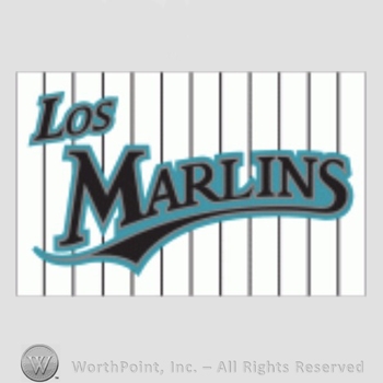Miami Marlins sport logo: Los Marlins over a white and black stripes background.