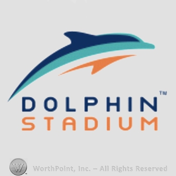 Miami Marlins sport logo: a dolphin leaping words Dolphin Stadium.