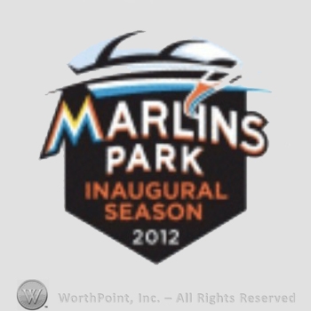 Miami Marlins sport logo: a stadium over words Marlin Park Inaugural Season.