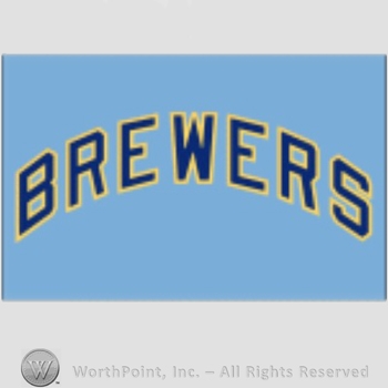 Milwaukee Brewers sport logo: Brewers written on a blue background.