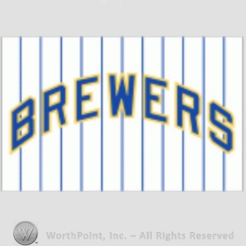 Milwaukee Brewers sport logo: Brewers written on a white and blue stripes background.