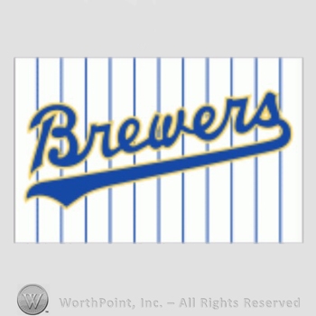 Milwaukee Brewers sport logo: Brewers written on a white and blue stripes background.