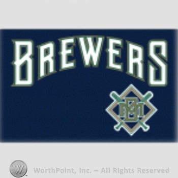 Milwaukee Brewers sport logo: Brewers written on a blue background.