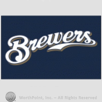 Milwaukee Brewers sport logo: Brewers written on a blue background.