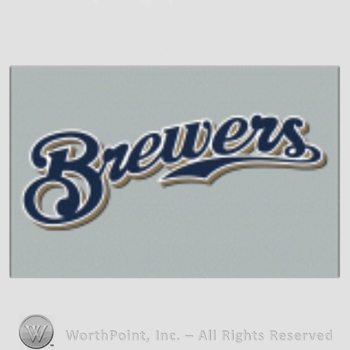 Milwaukee Brewers sport logo: Brewers written on a grey background.