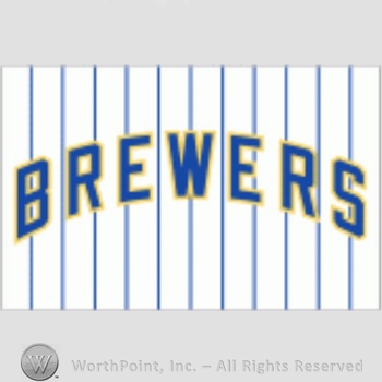 Milwaukee Brewers sport logo: Brewers written on a white and blue stripes background.