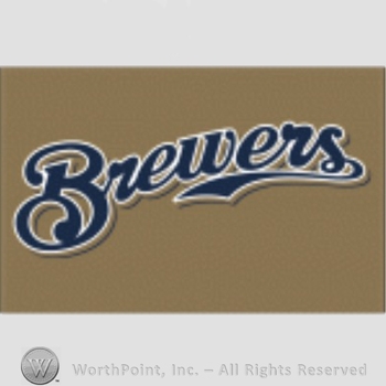 Milwaukee Brewers sport logo: Brewers written on a brown background.