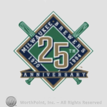 Milwaukee Brewers sport logo: 25th Anniversary Milwaukee Brewers written on a diamond with crossed bats.