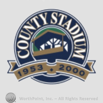 Milwaukee Brewers sport logo: County Stadium written in circle above a building and 1953 2000.