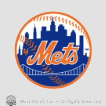 New York Mets sport logo: Mets and NY above a bridge in front of New York Skyline; all on a baseball.