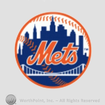 New York Mets sport logo: Mets above a bridge in front of New York Skyline; all on a baseball.