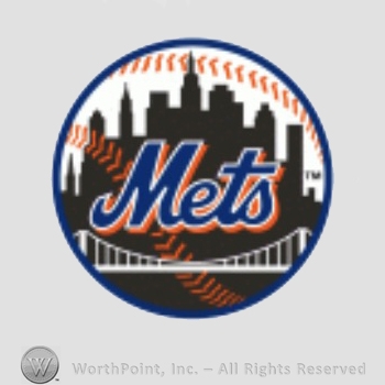 New York Mets sport logo: Mets above a bridge in front of New York Skyline; all on a baseball.