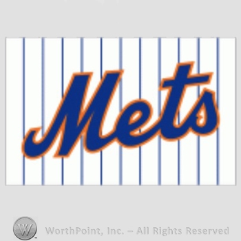 New York Mets sport logo: Mets on a white with blue pinstripes background.