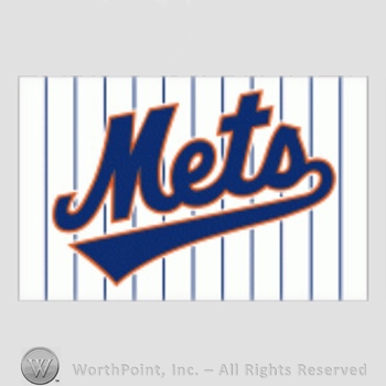 New York Mets sport logo: Mets on a white with blue pinstripes background.