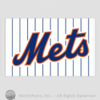 New York Mets sport logo: Mets on a white with blue pinstripes background.