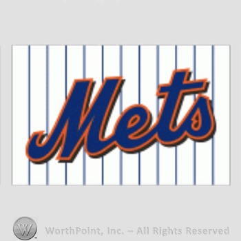 New York Mets sport logo: Mets on a white with blue pinstripes background.
