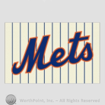 New York Mets sport logo: Mets on a yellow with blue pinstripes background.