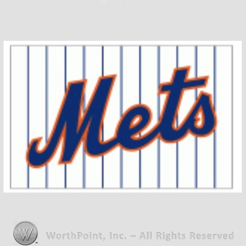 New York Mets sport logo: Mets on a white with blue pinstripes background.