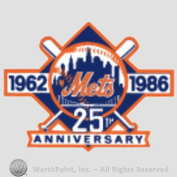 New York Mets sport logo: Mets above a bridge in front of New York Skyline, all on a baseball; crossed baseball bats and 1962 - 1986 25th anniversary written.
