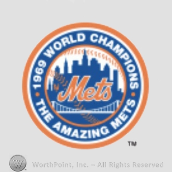 New York Mets sport logo: Mets above a bridge in front of New York Skyline, all on a baseball; 1969 World Champions The Amezing Mets written around.