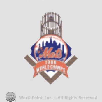 New York Mets sport logo: Mets above a bridge in front of New York Skyline, all on a baseball; 1986 World Champs written below.