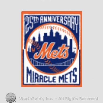 New York Mets sport logo: Mets above a bridge in front of New York Skyline, all on a baseball; 25th Anniversary Miracle Mets written above and below.
