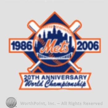 New York Mets sport logo: Mets above a bridge in front of New York Skyline, all on a baseball; crossed baseball bats and 1986 - 2006 20th Anniversary World Championship written.