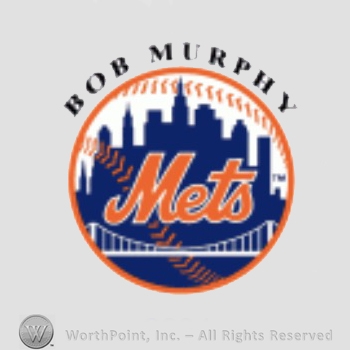 New York Mets sport logo: Mets above a bridge in front of New York Skyline, all on a baseball; Bob Murphy written above.