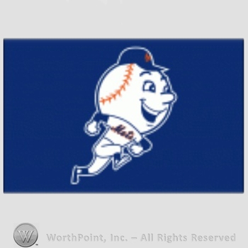 New York Mets sport logo: baseball head mascot running on a navy blue background.