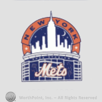 New York Mets sport logo: New York written above the city skyline and a stadium; Mets written over.