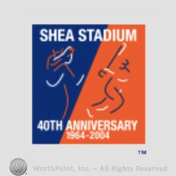 New York Mets sport logo: Shea Stadium and 40th Anniversary 1964-2004 all on a blue and orange background.