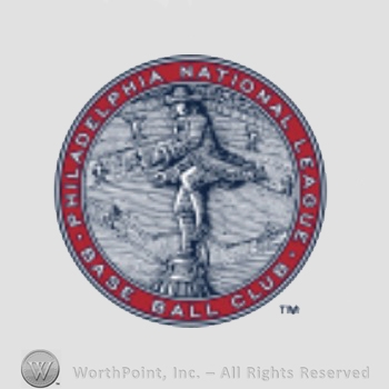 Philadelphia Phillies sport logo: statue of a man throwing a baseball in front of a field with ball players inside a circle reading Philadelphia National League Base Ball Club.