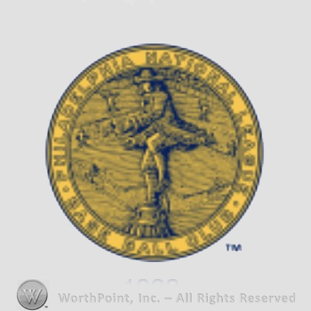 Philadelphia Phillies sport logo: statue of a man throwing a baseball in front of a field with ball players inside a circle reading Philadelphia National League Base Ball Club.