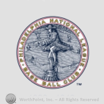 Philadelphia Phillies sport logo: statue of a man throwing a baseball in front of a field with ball players inside a circle reading Philadelphia National League Base Ball Club.