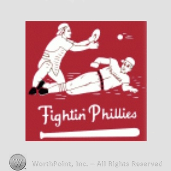 Philadelphia Phillies sport logo: a baserunner sliding into a base ahead of a throw; Fightin' Phillies written below and a baseball bat underscore.