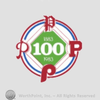 Philadelphia Phillies sport logo: 1883 - 1983 100th Anniversary inside a diamond shape; letter P written in four different styles, all inside a circle.